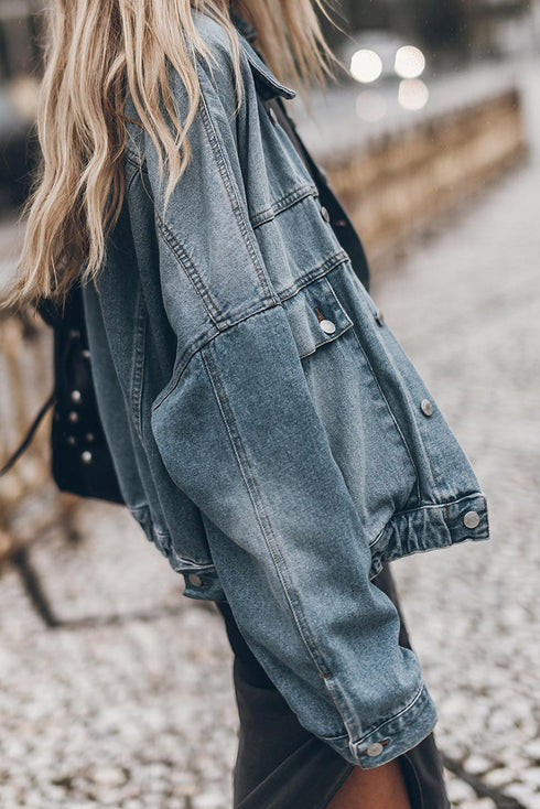 Metal Buttons Flap Pocket Drop Shoulder Denim Jacket